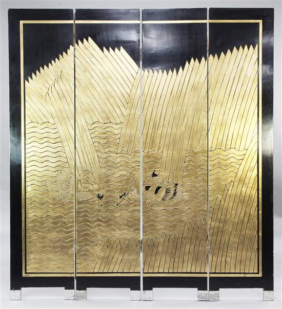 A 20th century black lacquered and part gilded four fold screen, H.6ft 6in.